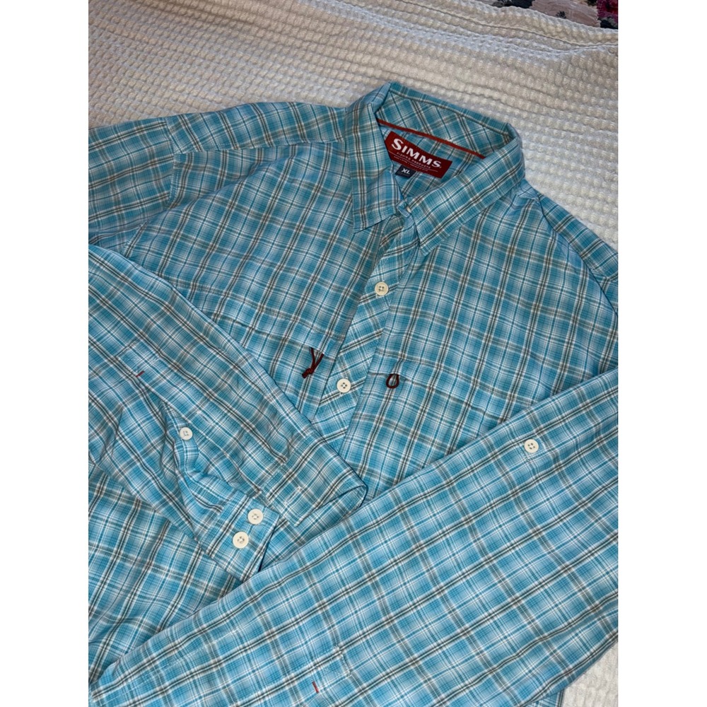 Simms Fishing Shirt Mens XL Blue Plaid Long Sleeve Button Down Ventilated